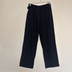 Women’s Black 100% Cotton Wide Leg Pants XL Elastic Waist Tie Belt Casual